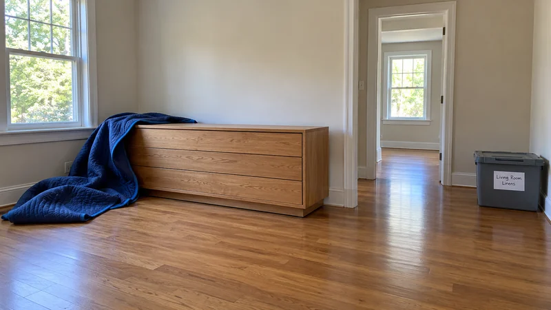 Furniture receiving after a Morristown, NJ long distance move A low three-drawer wooden chest stands on its plinth with a blue moving quilt draped from its left edge and a closed linen tote nearby.