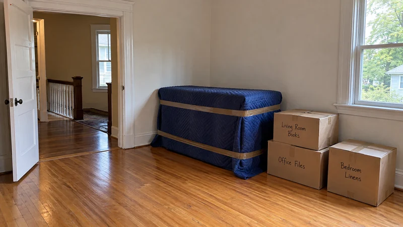 Furniture preparation for a Morristown, NJ long distance move A blue-quilt-covered cabinet and three sealed room-labelled cartons stand beside an open doorway to the upper landing.