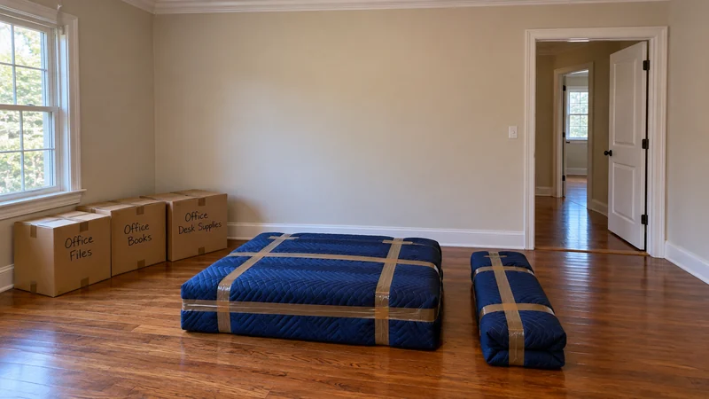 Furniture parts prepared for a Morristown long distance move A quilt-wrapped furniture body and separate wrapped parts bundle rest beside three sealed office cartons and a clear doorway.