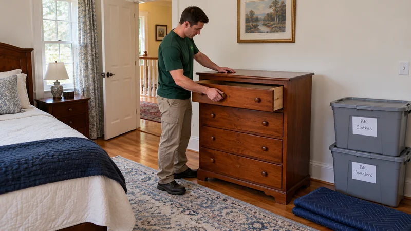 Drawer preparation before a New Rochelle long distance move A male mover guides an empty installed upper drawer toward a wooden dresser, with folded blue quilts ready beside it.
