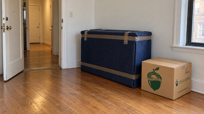 Furniture preparation for a New Rochelle, NY long distance move A blue-quilt-covered cabinet and sealed LR Books carton stand beside an open apartment doorway and clear passage.