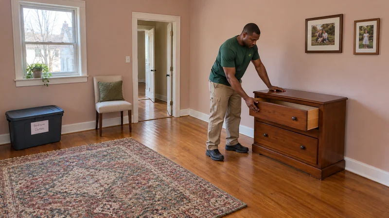A male mover steadies a wooden chest and guides its empty top drawer inward, with a closed clothes tote beside a clear doorway in a furnished pink room.