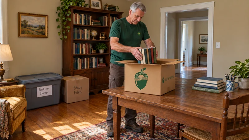 A gray-haired male packer lowers a group of books into an open branded Book carton on a wooden table, beside a furnished bookcase and separate closed study containers.