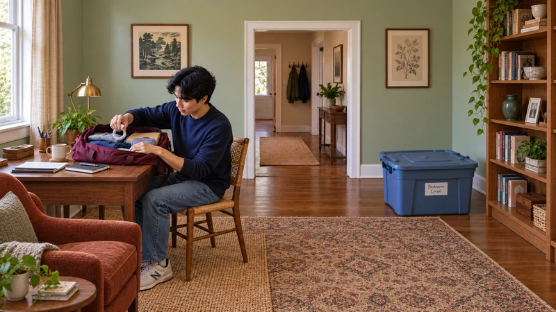 A resident packs a coiled charger into a burgundy duffel at a wooden writing desk, beside a bookcase and rust reading chair.