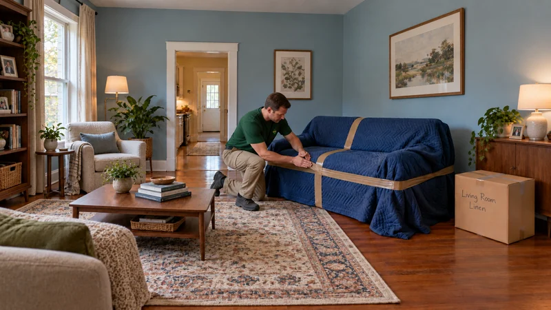 A mover presses brown tape onto blue sofa blankets in a furnished blue living room with a bookcase, reading chair, coffee table and separate linen carton.