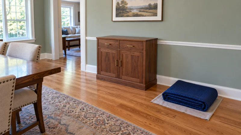 Cabinet delivery after a Newburgh, NY long distance move A whole unwrapped walnut cabinet stands in a sage-green dining room beside folded moving blankets on a pad, with a connected sitting room beyond.