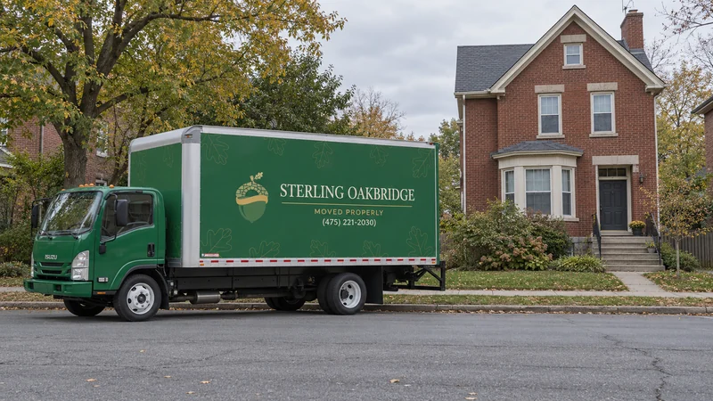Truck access for a Newburgh, NY long distance move A whole green Sterling Oakbridge box truck stands parallel to the curb beside an older red-brick house with steps to its separate entrance.