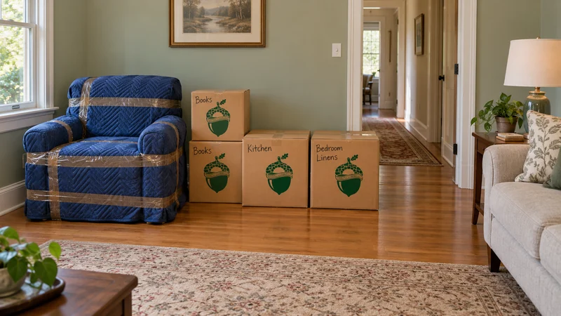 A selected smaller long distance pickup from Norwalk A quilt-protected armchair and four closed cartons wait together beside a clear hallway in a furnished living room.