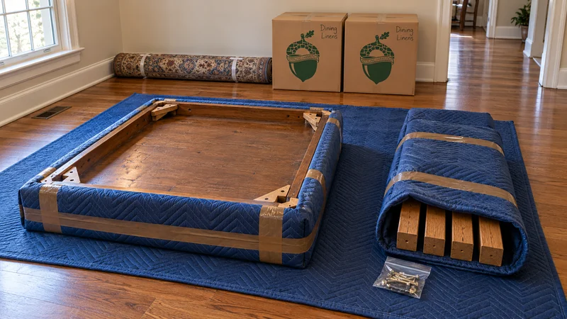 Preparing a table and matching legs before a Norwalk pickup An upside-down protected tabletop rests beside four detached legs in one shared moving blanket and a clear bag of matching fittings.