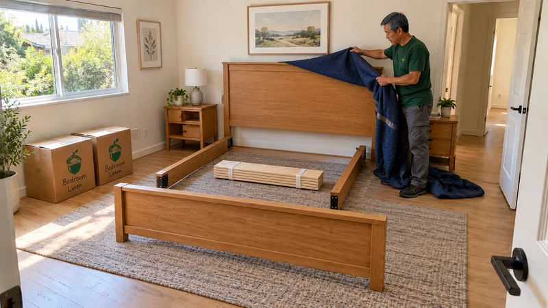 Unwrapping bed components before assembly after a Norwalk move A mover lifts a navy moving quilt from a separate oak headboard, with the matching footboard, two detached rails and a bound slat bundle on the bedroom floor.