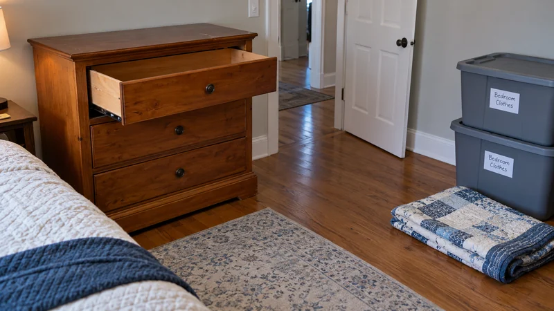 Drawer preparation for a Paterson long distance move An empty upper drawer remains installed in a wooden dresser, beside two closed Bedroom Clothes totes and a folded quilt.