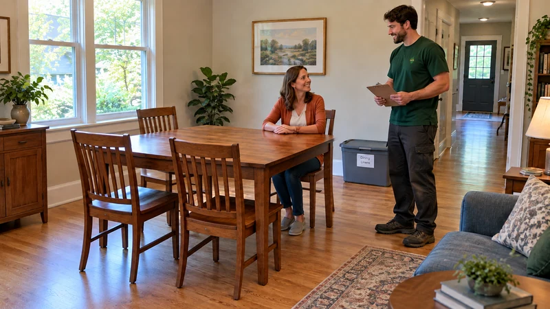 Dining handover after a Paterson, NJ long distance move A male mover holds a clipboard beside a wooden dining table with four matching chairs while a seated customer looks toward him.