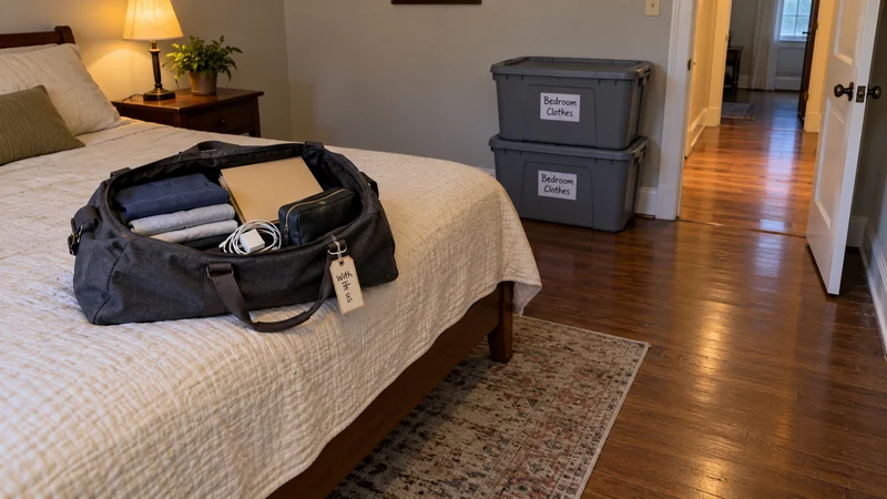 Travel essentials during a Paterson long distance move An open travel bag on a made bed contains clothes, a charger and a folder, apart from two closed Bedroom Clothes totes.