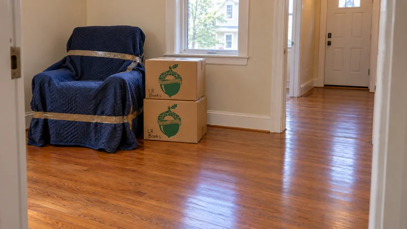 Furniture preparation for a Paterson, NJ long distance move A blue-quilt-covered armchair and two sealed LR Books cartons stand beside the clear passage to the front entrance.