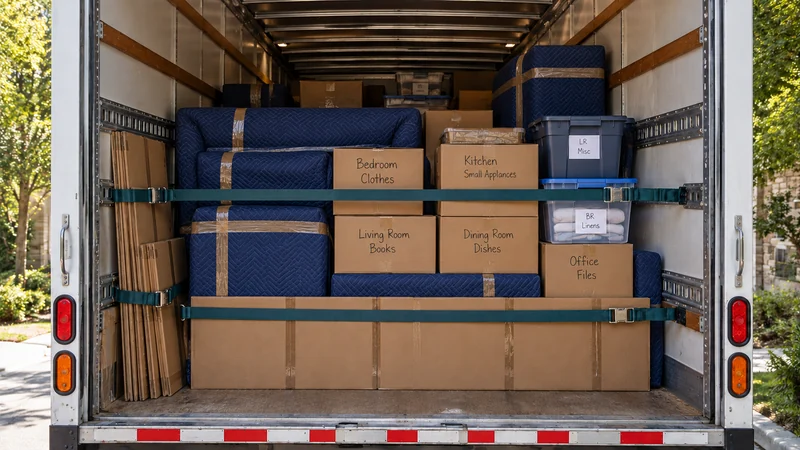 Secured household load for a Paterson long distance move Two teal restraints secure protected furniture, labeled cartons and totes, with upright flat panels retained at the left of the truck.