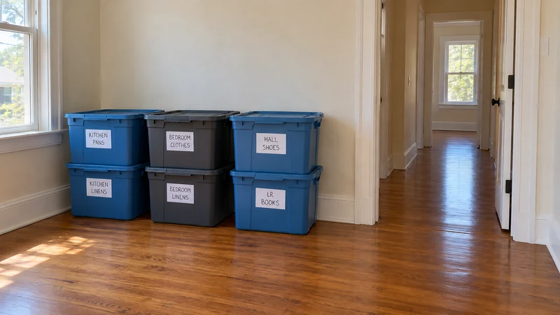 Six closed blue and grey household totes are stacked two high beside a clear doorway and timber-floored hallway.