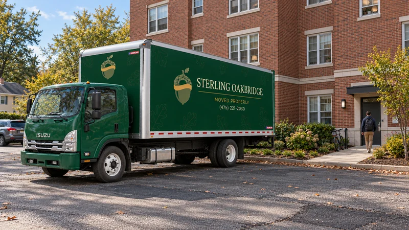 A green Sterling Oakbridge moving truck stands beside a brick Quincy apartment building, with a clear walkway to the entrance.