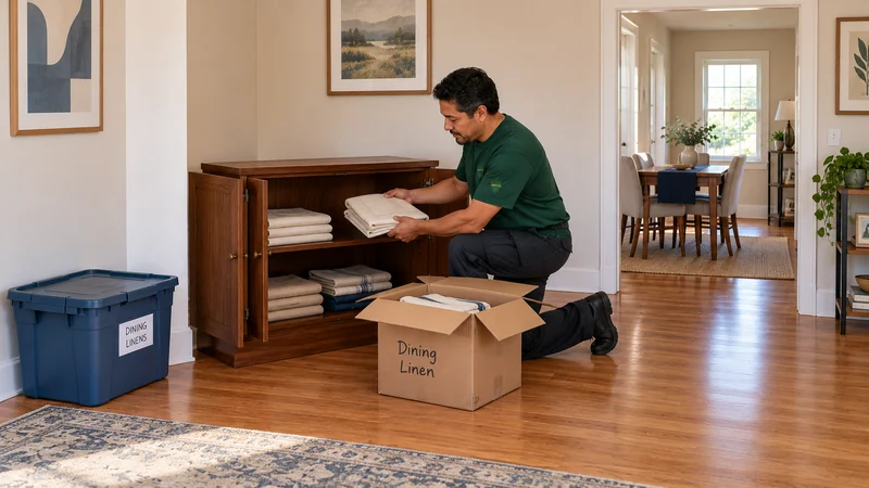A mover lifts folded dining linen from an open carton toward a walnut cabinet in a furnished receiving room.