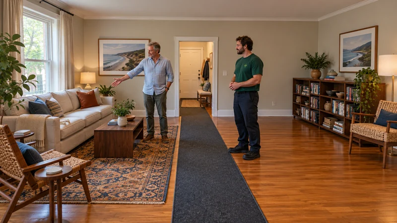 A resident discusses room arrangement with a mover beside a continuous floor runner, with a linen sofa, woven chairs and bookcases around the clear route.