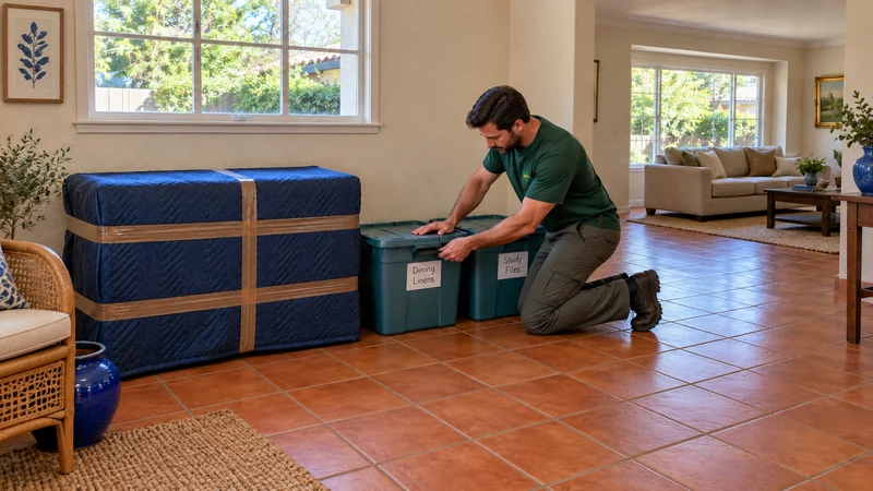 A kneeling mover presses the lid and checks the front latch of a Dining Linens tote beside protected furniture and a Study Files tote on a terracotta tile floor.