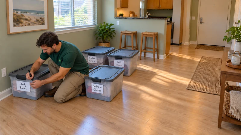 A kneeling mover holds a marker beside a Study Books label on a closed clear tote, grouped with Bedroom Clothes, Kitchen Linens and Hall Shoes totes.