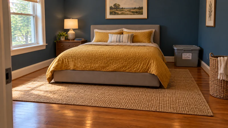 A gray upholstered bed with a mustard quilt stands in an ink-blue bedroom beside a walnut chest and a closed Bedroom Clothes tote.