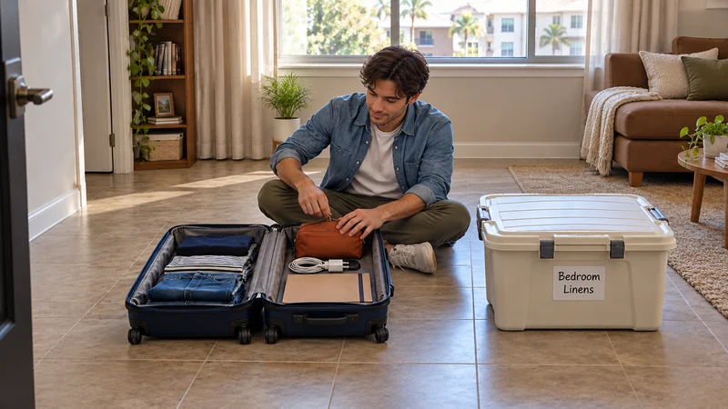 A seated resident works the zipper of an orange pouch in an open navy suitcase, apart from a closed Bedroom Linens tote in a furnished apartment.