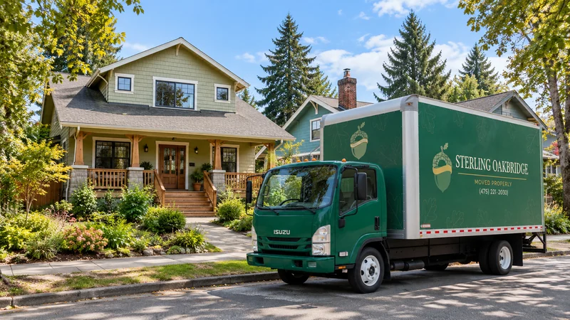A green Sterling Oakbridge box truck stands beside a sage-shingled Craftsman home with a timber porch, garden and evergreen trees.