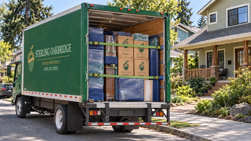 The open rear of a green moving truck shows protected furniture and labeled cartons behind two horizontal green restraints attached across the load.