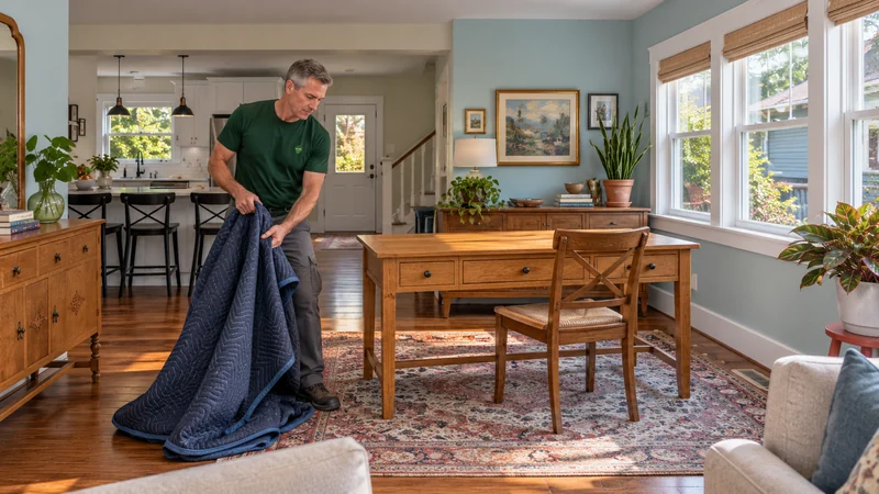 A mover gathers a loose blue moving quilt beside an unwrapped wooden desk and chair in a furnished blue receiving room.