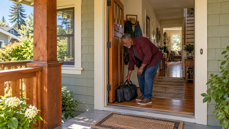 An older resident holds the handles of a dark travel bag resting beside a closed folio inside an open timber porch doorway.