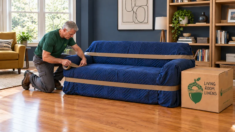 Securing sofa blankets with brown tape before a Short Pump move An older male mover presses brown packing tape onto blue sofa blankets while holding the connected tape roll beside a Living Room Linens carton.