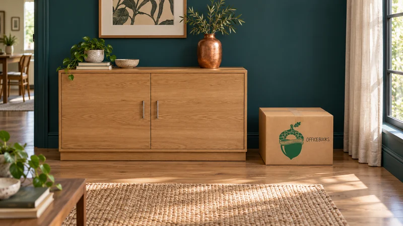 Furniture delivery after a Short Pump, VA long distance move An unwrapped oak sideboard and a closed Office Books carton stand in a teal receiving room with a linen-curtained window and copper-colored vase.