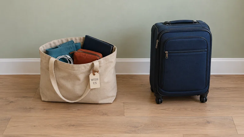 Travel essentials before a Short Pump, VA long distance move A cream tote tagged With Us contains folded clothing, a coiled charger, a rust pouch and a closed dark folio beside a navy roller case.