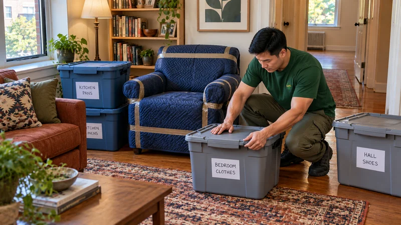 Closing a selected tote before a Silver Spring long distance pickup A crouching mover secures the latch of a labelled clothing tote beside stacked kitchen totes and a quilt-protected armchair, with an open hallway beyond.