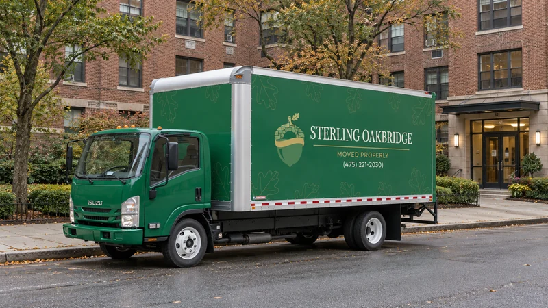 Moving truck at a Silver Spring apartment for long distance pickup A complete branded moving truck stands parallel to the curb outside a brick apartment building, with a continuous sidewalk and the building entrance visible.