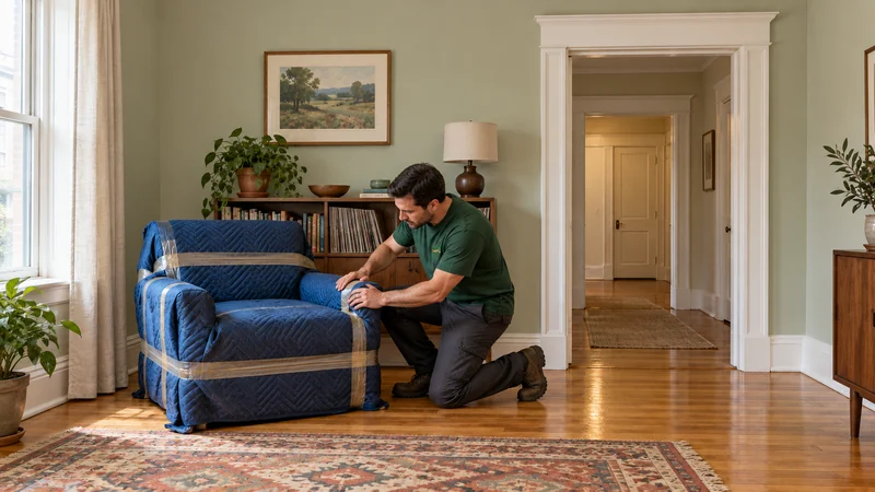Armchair protection for a Somerville, MA long distance move A kneeling mover smooths a navy protective quilt over an armchair beside a book-and-record cabinet, with a white-trimmed hallway kept clear.