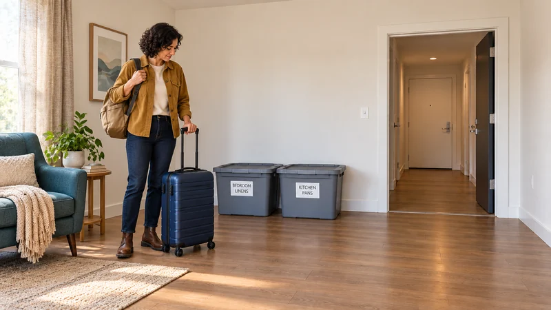 Personal travel bags for a Somerville, MA long distance move A resident in an ochre jacket grips a navy suitcase handle and adjusts her tan backpack strap, apart from closed Bedroom Linens and Kitchen Pans totes.