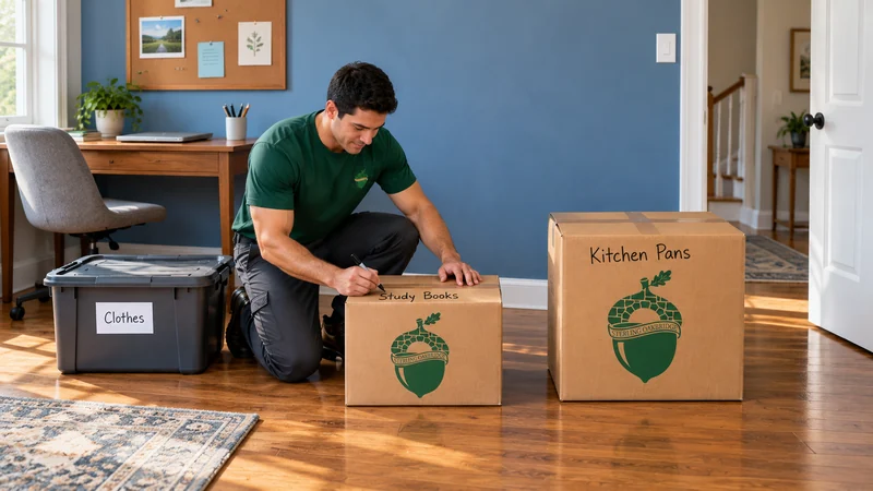 A kneeling mover writes Study Books on a small closed carton beside a larger Kitchen Pans carton and a Clothes tote in a blue-walled home office.
