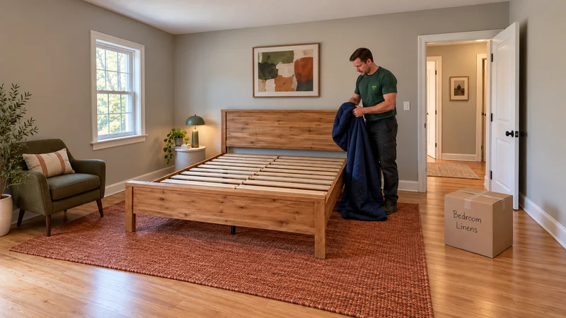 Bed unwrapping after a Trenton, NJ long distance delivery A mover gathers a navy moving quilt beside an assembled wooden bed frame, with a moss reading chair and a closed linen carton outside the doorway route.