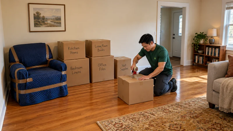 Sealing a selected carton for a Trenton, NJ long distance move A kneeling mover applies packing tape to a closed carton beside a fully quilted armchair and labelled household cartons, with the room exit left open.