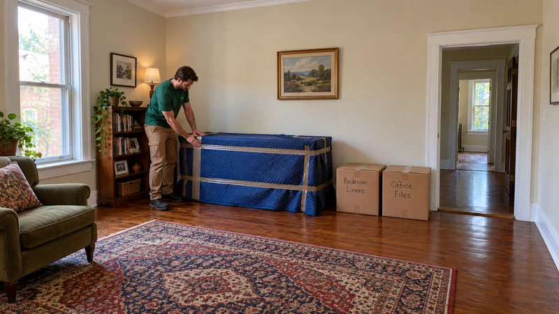 Securing chest protection for a Trenton, NJ long distance pickup A male mover presses a tape band against a fully quilted low chest, with two closed labelled cartons beside a clear doorway in a furnished wood-floor room.