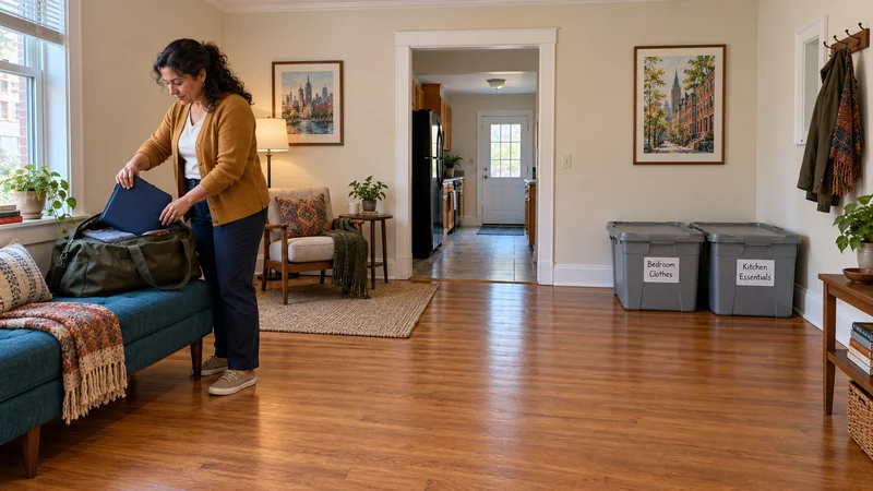 Travel documents for a Trenton, NJ long distance move A resident lowers a closed blue document wallet into an olive travel duffel on a teal bench, with two closed shipment totes kept separately beside the kitchen doorway.