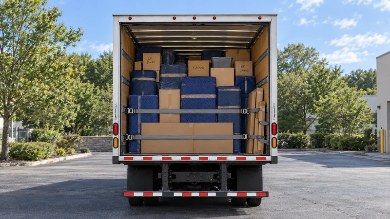 Household load for Trenton, NJ long distance direct delivery A moving truck’s open rear shows protected household furniture, closed cartons and a lidded tote secured by two horizontal straps attached to the side rails.