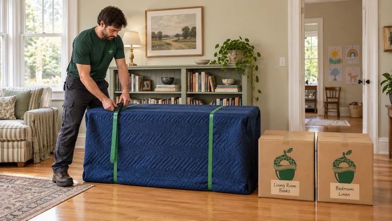 Furniture protection for a Tuckahoe, VA long distance move A mover adjusts a green strap buckle on a blue-blanket-protected furniture parcel beside two labeled cartons in a lived-in reading room.