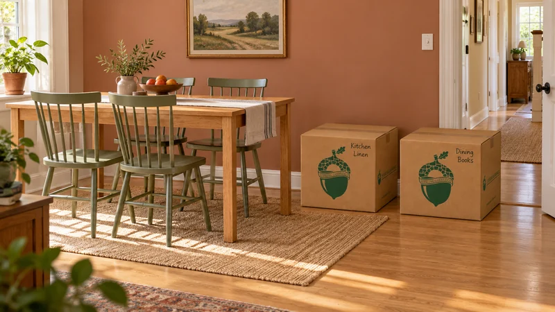 Dining room arrival for a Tuckahoe, VA long distance move An oak dining table and sage chairs stand in a terracotta room beside two closed cartons marked Kitchen Linen and Dining Books, with the hallway clear.