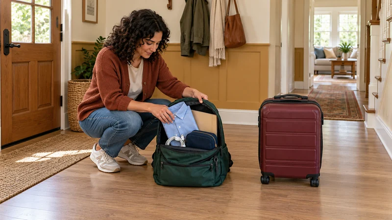 Personal travel packing for a Tuckahoe, VA long distance move A resident crouches beside a green backpack and places a folded blue shirt at its opening, with a closed burgundy suitcase nearby.
