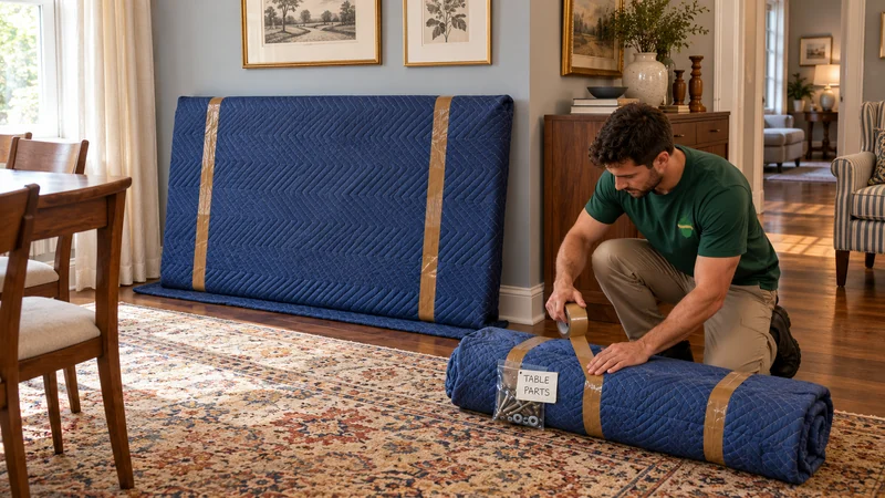Protecting a tabletop and its leg bundle for a Tuckahoe, VA long distance move A mover tapes a common blanket-wrapped table-leg bundle beside a thin protected tabletop leaning on its padded lower edge against the wall.