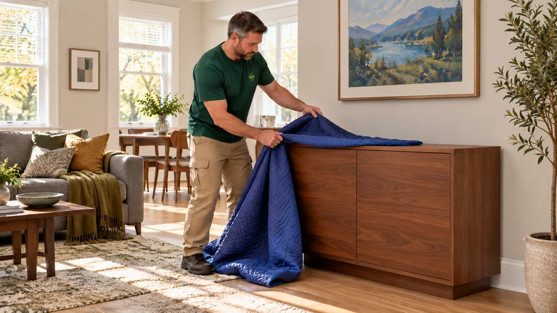 Removing protection from the placed cabinet at delivery A bearded mover draws a blue quilt away from a placed walnut cabinet with a clear top in a sunlit receiving room with a connected dining area.