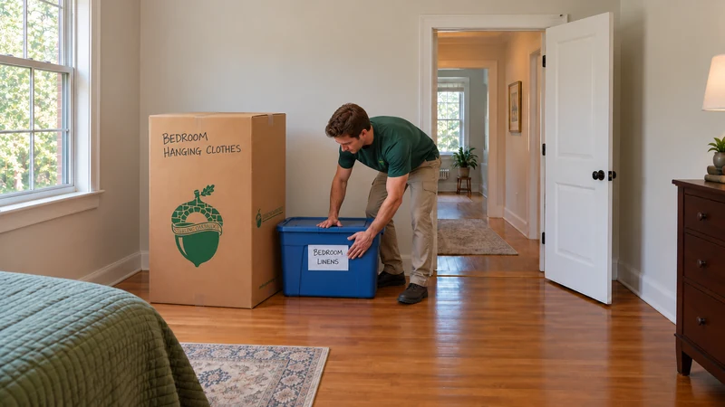Selected clothing shipment for a Waldorf, MD long distance move A mover checks a blue Bedroom Linens tote beside a closed wardrobe carton marked Bedroom Hanging Clothes, with the bedroom doorway and hallway kept clear.